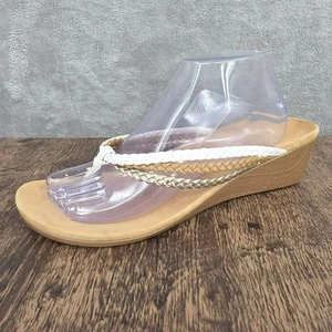 Vionic Ramba Wedge Heels 11 White Tan Metallic Gold Braided Thong Straps Beachy - Picture 1 of 13