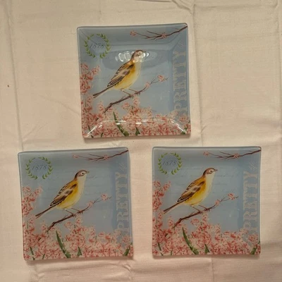 Juego de 3 Platos Cuadrados de Vidrio Floral Pretty Life Bird Decorativos 7" Estilo Vintage Foto 1 de 4