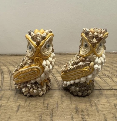 Vintage Owl Handcrafted Set Sea Shell Folk Art Figurine Beach Décor 4” Tall - Image 1 of 4