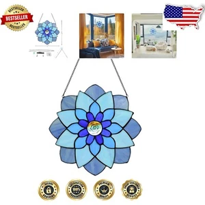 Unique 12 Inch Tiffany Stained Glass Suncatcher - Blue Flower Ornament for Wall - Picture 1 of 8