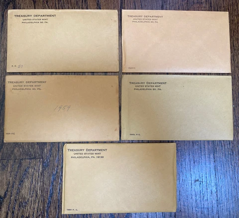 Lot Of 5 US Proof sets 1957 1959 1962 1963 1964 Unopened Mint Sealed Silver Cover