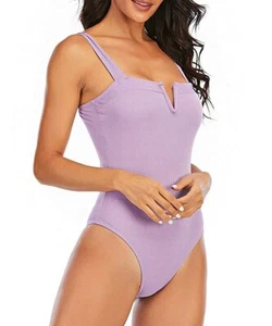 V-May Five Women's Square V Neck Cheeky SwimSuit Wide Straps Hicut, Lavender, M - Picture 1 of 3
