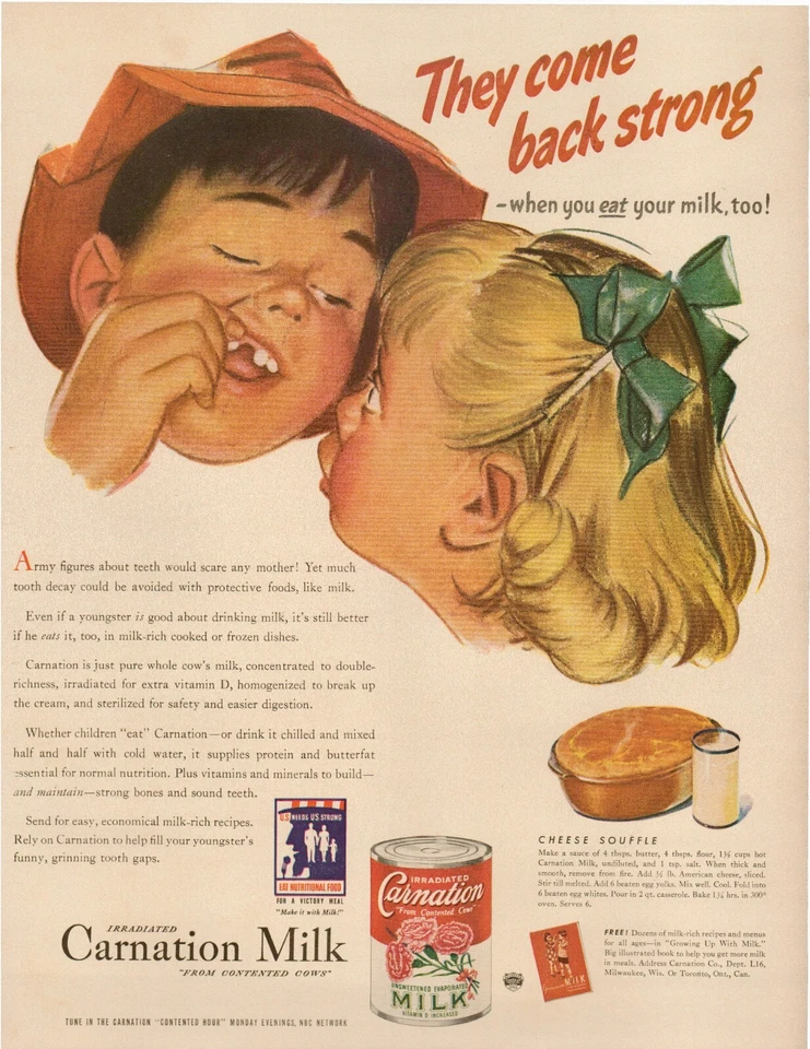 Souffle de queso de clavel irradiado con leche de clavel 1942 anuncio de colección Foto 1 de 1