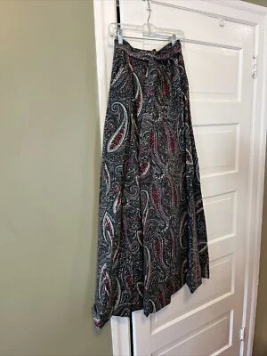 Vintage 60s Maxi Skirt Wine Green Mod Paisley Harzfelds Pockets front tie 24" W - Image 1 of 4