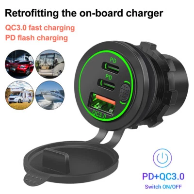 Car Dual USB C socket 3.0 QC PD 12V/24V recessed socket Car Boat Charger NEW - Imagem 1 de 4