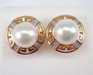 14K Gelbgold Perle und Diamantohrringe Juni Edelstein griechischer Schlüssel Halo Jacke - Bild 1 von 5