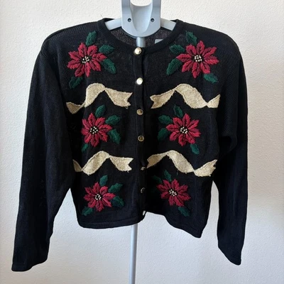 Vtg Dress Barn Christmas Cardigan Embroidered Flowers Holiday Medium Black FLAW - Image 1 of 4