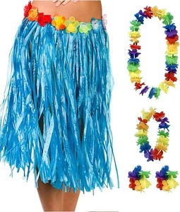 Hawaiian Blue Grass Skirt & Flower Garlands Tropical Beach Party Fancy Dress Set - Picture 1 of 2