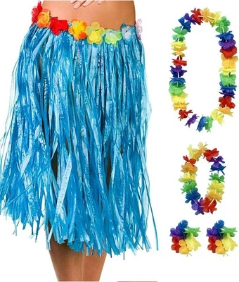 QUICKDRAW Hawaiian Blue Grass Skirt & Flower Garlands Tropical Beach Party Fancy Dress Set
