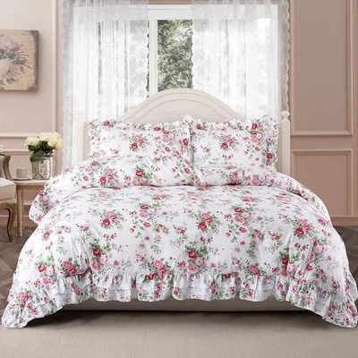 Ruffle Duvet Cover Set Queen, 100% Cotton Pink Rose Floral Duvet Cover Cottag... - Image 1 of 4
