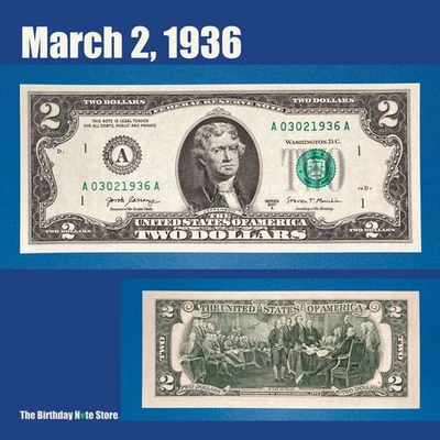 March 2, 1936 Birthday Anniversary $2 Two Dollar Bill Serial Number 03021936 - Image 1 of 2