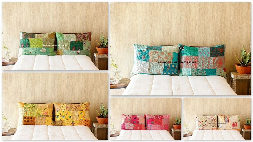 2 PC Indian Vintage Silk Patch Kantha Pillow Sham Cushion Cover Bedding Throw - Image 1 of 1