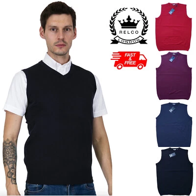 Relco Mens Fine Gauge Knit Tank Top V Neck Collar in 4 Colours Knitted Retro Mod