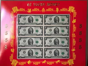 $2 8888 Lucky Money Sheet Year of Monkey 8 Uncut Notes Bank Dallas 2009 Series - Picture 1 of 10