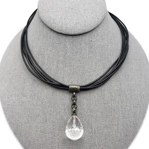 Black Multi Leather Strand 925 Silver Accents Acrylic Pendant Choker Necklace - Picture 1 of 10