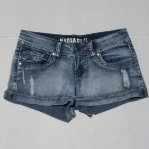 Hydraulic Low Rise Denim Shorts-Size 7/8-Cuffed Hem-Embroidered-Studded-Biker - Picture 1 of 9