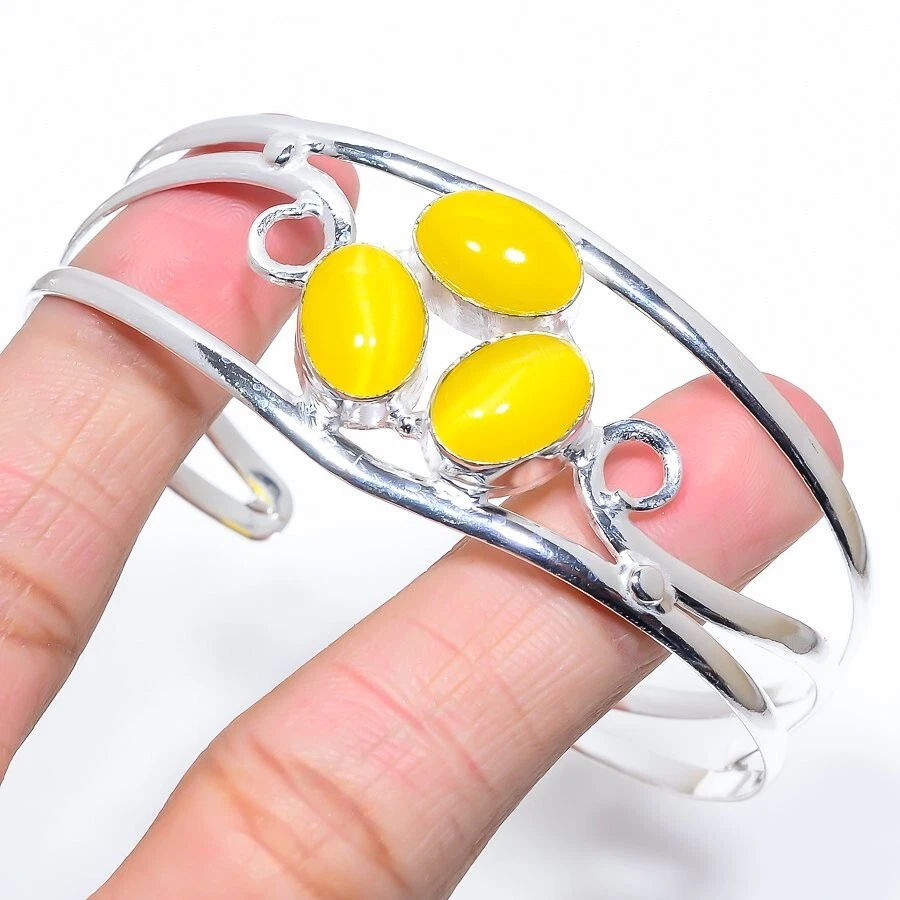 Yellow Monalisa Gemstone 925 Sterling Silver Jewelry Cuff Bracelet Size 7-8" - Image 1 of 1