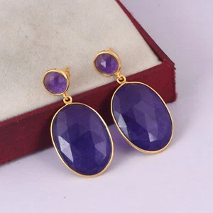 Large 18k Gold Plated Aventurine Drop Dangle Hook Earrings Oval & Round Gemstone - Picture 1 of 8
