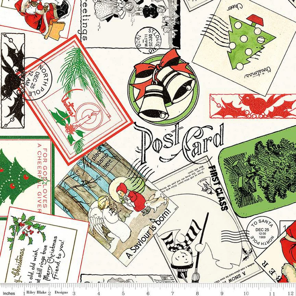 Christmas Postcard White Fabric Nicholas J Wecker Frisch Cotton Riley Blake Yard - Image 1 of 1