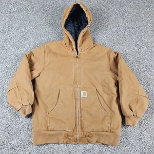 Carhartt Jacket Youth Medium Tan Duck Canvas Insulated Quilt Lined Full Zip Hood - Picture 1 of 12