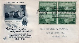 1950 National Capital Sesq. FDC - Executive Mansion - Scott #990 Block of Four - Picture 1 of 1
