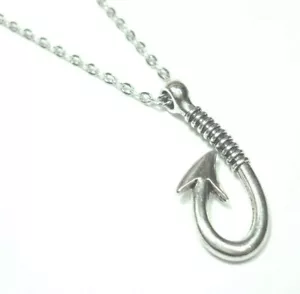 Fish Hook Pendant Necklace, Antique Silver Tone, Men's or Women's Jewelry - Picture 1 of 7