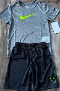 NWT Nike Little Boys 6 Black/Gray/Neon Yellow Big Swoosh Dri-Fit Shorts Set - Picture 1 of 3