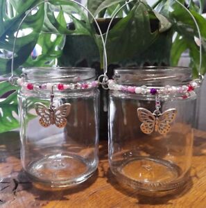 2 JAR CANDLE HOLDERS,PINK BEADED BUTTERFLY. FOR TEALIGHTS & VOTIVE ,UNIQUE GIFT