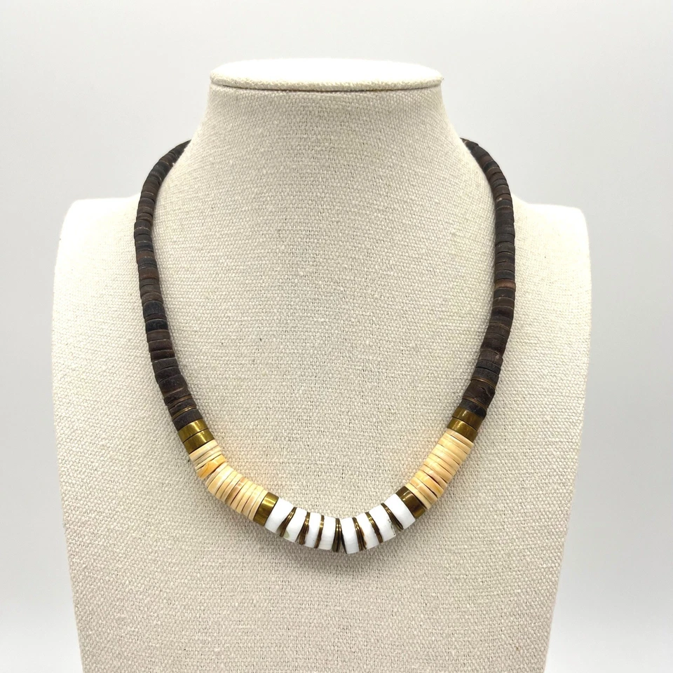 Vintage Heishi Necklace Brown White Brass Disc Beads Surfer Boho Statement - Image 1 of 4