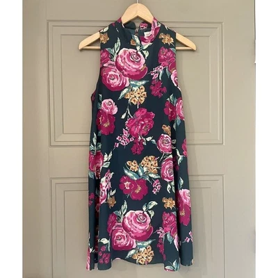 Everly Dress M Medium Dark Green Pink Watercolor Floral Anthro - Image 1 of 4