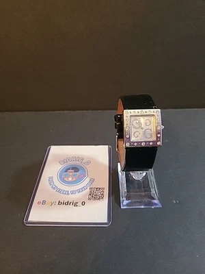 Guess Women’s Square Crystal Watch U85041L1 Silver Dial, Black Leather NEW BATT! - Image 1 of 4