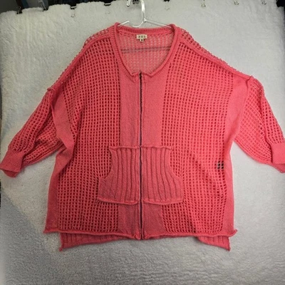 POL Womens Medium Coral Pink Open Weave Zip Up Cardigan Sweater Oversized Preppy - Image 1 of 4