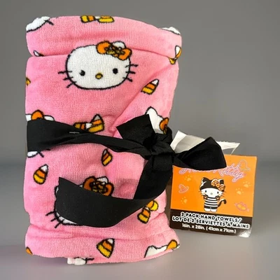 Hello Kitty Halloween Hand Towels 2 Pack Pink Candy Corn Sanrio Cotton Velour - Image 1 of 4