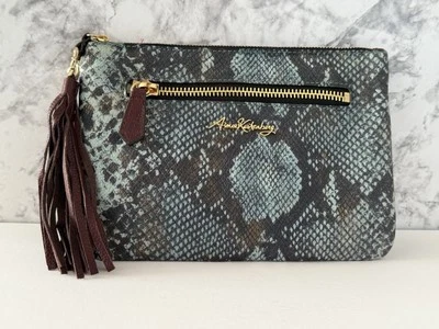 Aimee Kestenberg Leather Clutch Bag Blue Snakeskin Pattern Tassel Pockets - Image 1 of 4