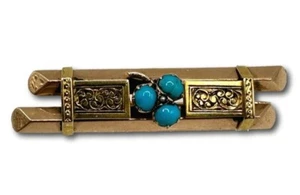 Victorian Etruscan 1870s Turquoise 14k Yellow Gold BROOCH PIN 5g Approx 1 7/8" - Picture 1 of 3