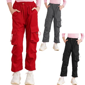 Kids Girls Cargo Pants Pockets Trousers Casual Sweatpants School Streetwear - Picture 1 of 37