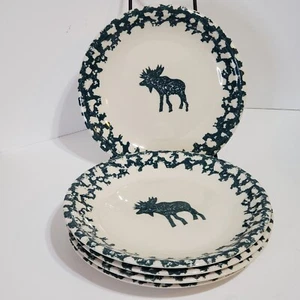 5 Folkcraft MOOSE Pottery salad plates Tienshan COUNTRY Green Sponge Art 7.5" - Picture 1 of 6