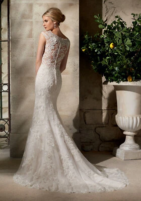 Morilee 2702 Bridal Wedding Dress Crystal Beaded Lace Fitted Sheer Fit Flare Wh - Image 1 of 4