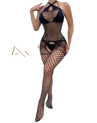 CATSUIT LINGERIE BODY COLLANT SEXY OUVERT RESILLE MAILLE COMBINAISON MOTIFS NOIR - Photo 1/3