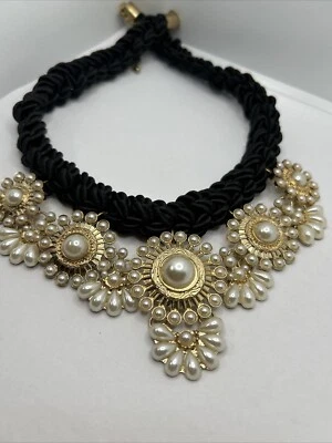 Collar de cuentas de perlas con cordón tejido negro grueso dorado 18" Foto 1 de 4