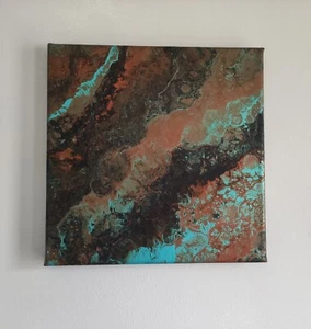 Industrial Abstract Original Canvas, Fluid Art, Acrylic Pour, Rust and Turquoise - Picture 1 of 3