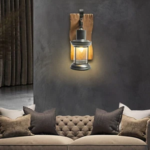 Retro Rustic Wall Light Fixture Vintage Industrial Wooden Sconce Lamp Fixture - Picture 1 of 9