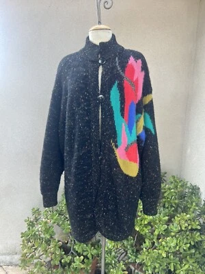 Cardigã suéter vintage anos 80 New Wave lã preto design colorido GG Garbo - Imagem 1 de 4