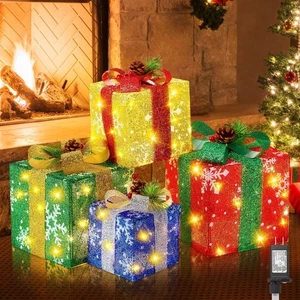Set of 4 Christmas Lighted Gift Boxes with Plug, Pre-lit LED Light Up Present... - Picture 1 of 9