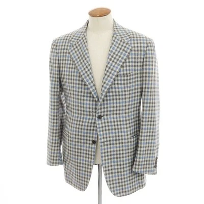 [Used] Kiton Cashmere Linen Silk Check Tailored Jacket Oatmeal Gray Light Blue - Image 1 of 4