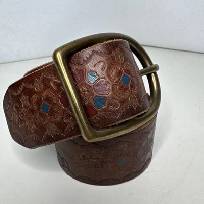 VTG Lucky Brand Tooled Painted Floral Leather Belt “ Lucky You” Boho Western - Image 1 of 4