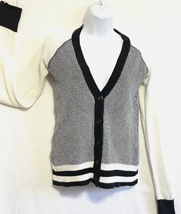 If It Were Me V-Neck Cardigan Women S Blk/Wh Stripe Preppy Color Block Ltwt - Picture 1 of 6