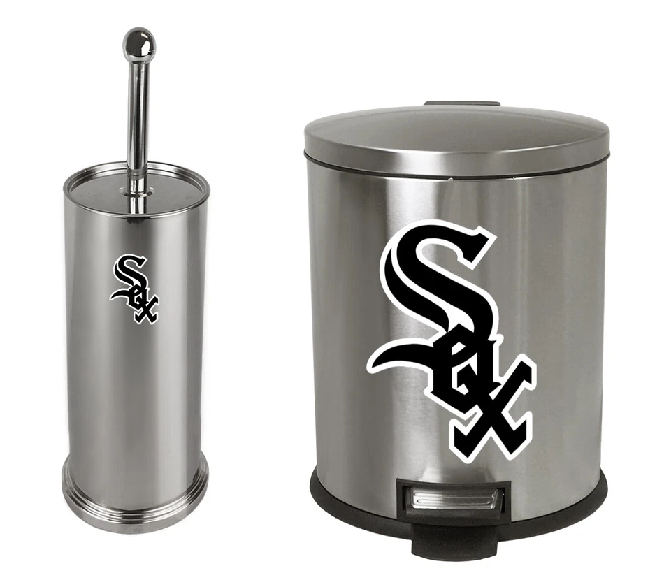 Juego de botes de basura y cepillos de inodoro de acero inoxidable MLB con calcomanías con el logotipo del equipo de béisbol  Foto 1 de 1