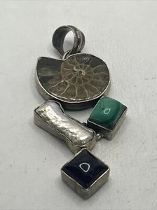 Vintage 925 Sterling Silver Ammonite Pearl Black Onyz Malachite Shell Pendant - Picture 1 of 4