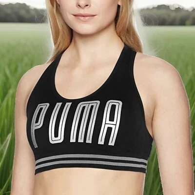 Sujetador deportivo PUMA - Espalda deportiva con rayas metálicas plateadas PUMA entrenamiento gimnasio yoga Foto 1 de 2